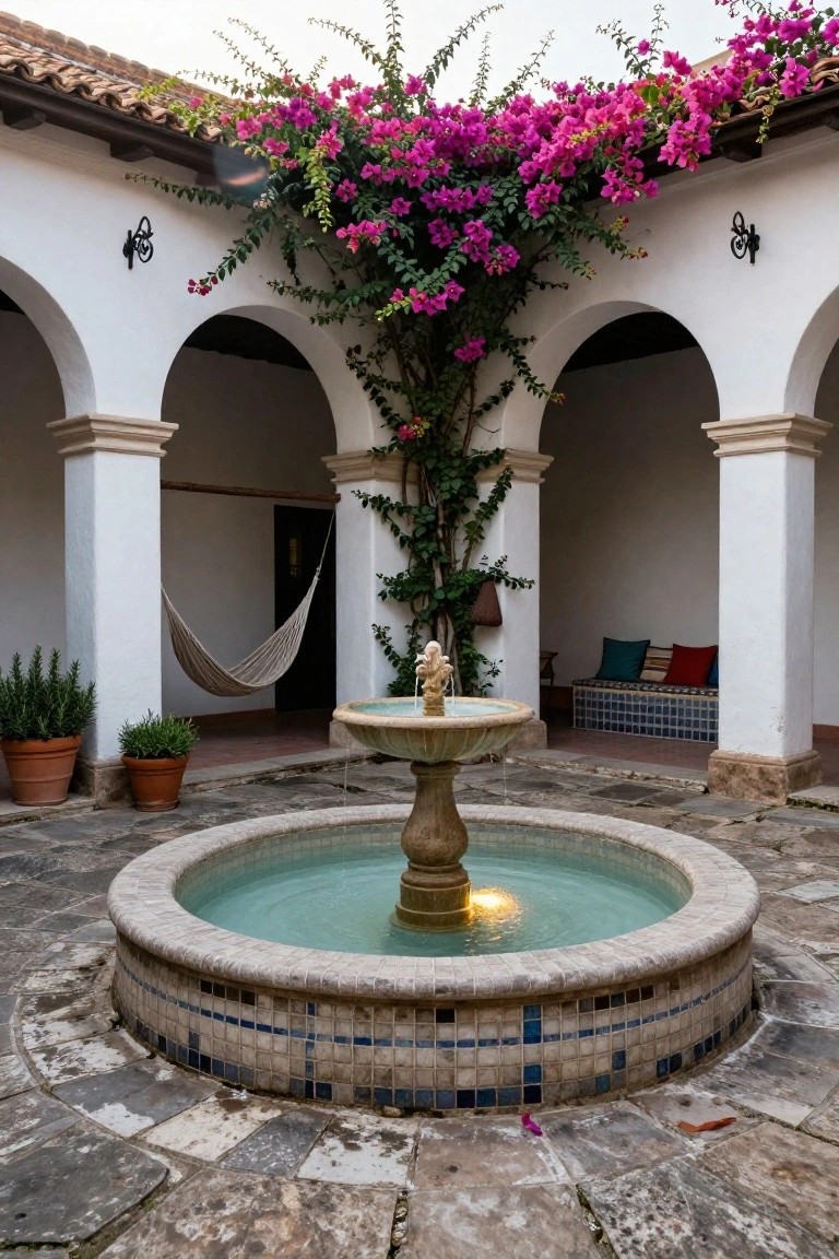 Spanish-style courtyard featuring white stucco arches, a central circular tiled fountain with stone sculpture and flowing water, hanging hammock, built-in bench with cushions, potted plants, and bougainvillea vines climbing the walls.