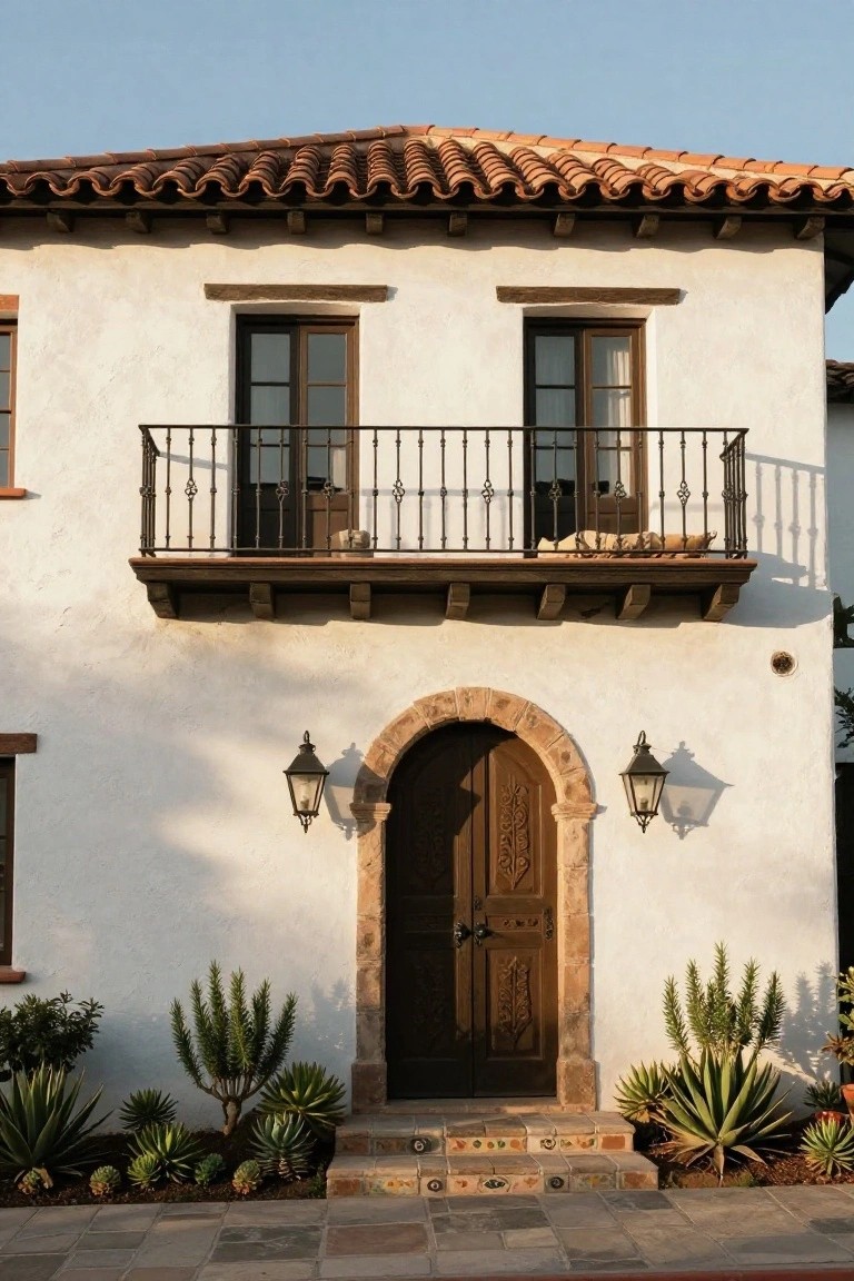 White stucco Spanish-style house facade with red tile roof, wrought-iron balcony on the second story, arched wooden entry door flanked by lanterns, succulent plants at the base, and a tiled front path.