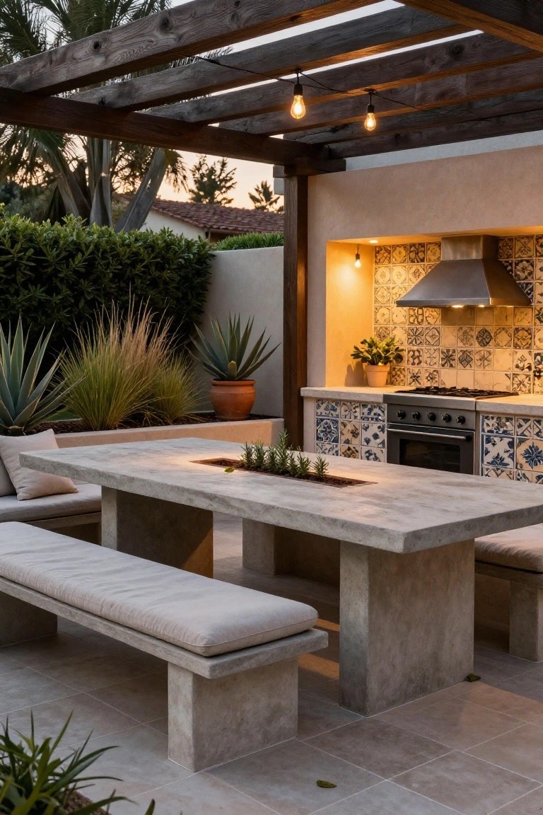 Outdoor patio featuring a long rectangular concrete table with built-in central planter and cushioned benches, next to an outdoor kitchen with blue and yellow tiled backsplash and stainless appliances, under a wooden pergola with string lights, surrounded by agave plants and potted greenery on a tiled floor.