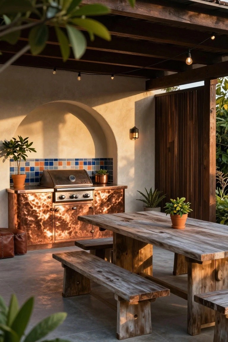 Outdoor kitchen with hammered copper cabinets enclosing a stainless steel grill in a stucco arched alcove with blue and orange tiled backsplash, next to a rustic wooden picnic table and benches on a concrete patio with potted plants and string lights.