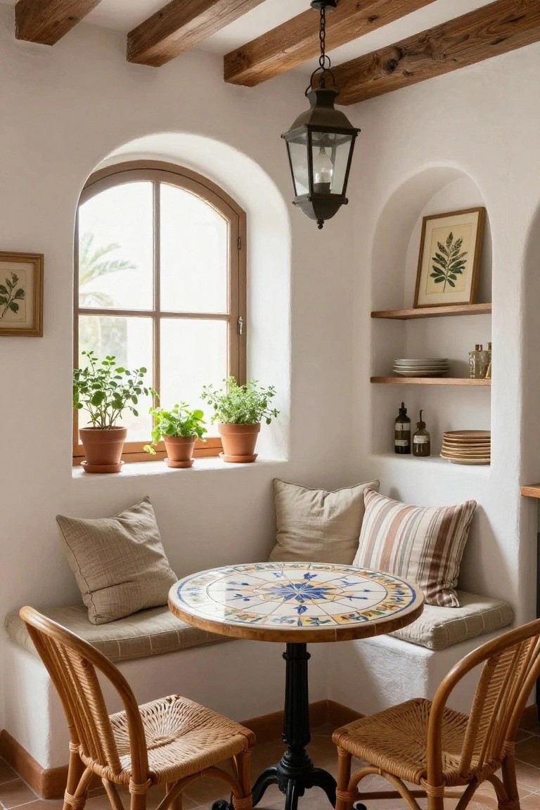 Indoor dining nook with beige built-in banquette seating, round blue-and-white tiled table on black pedestal base, two wooden chairs, potted herbs on arched windowsill, white walls, wooden ceiling beams, and wall shelves with dishes.