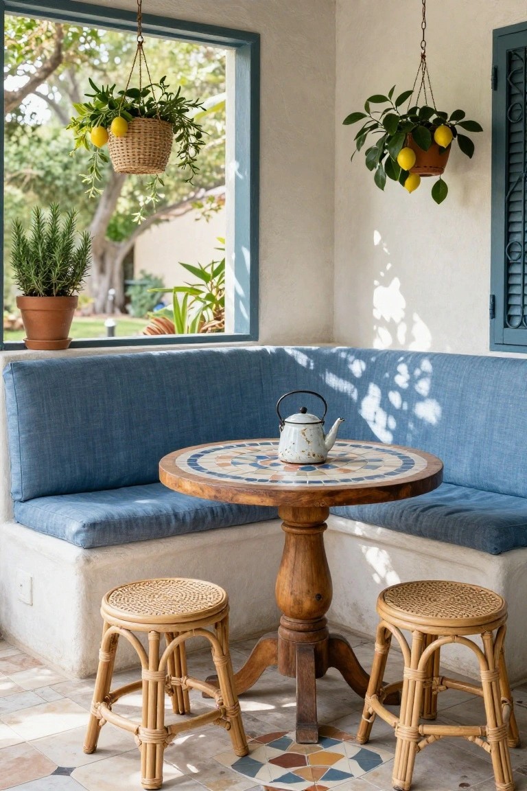 A covered outdoor corner seating area with L-shaped blue cushioned banquette, round wooden table with colorful tiles and white teapot, two rattan stools, hanging lemon plants, and large windows overlooking potted greenery.