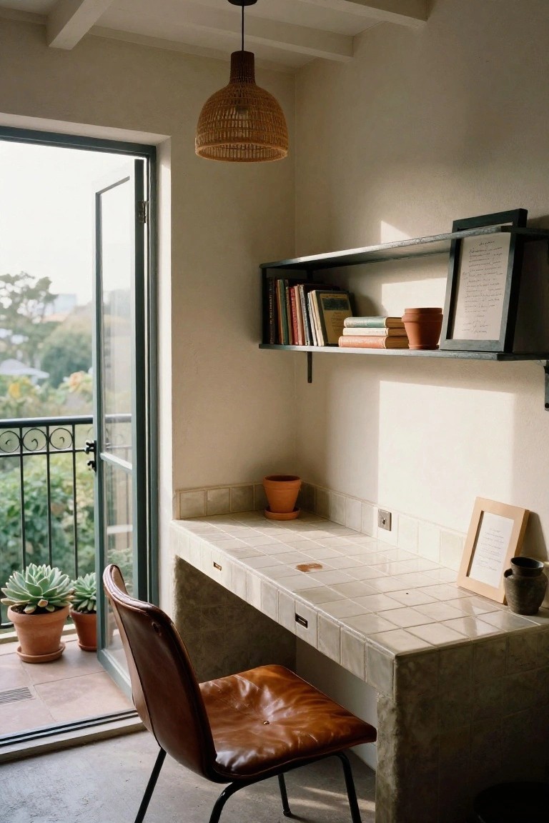 Light-filled interior room with terracotta-tiled desk, tan leather chair, wall-mounted shelves holding books and pots, and open door to wrought-iron balcony with potted plants and greenery view.