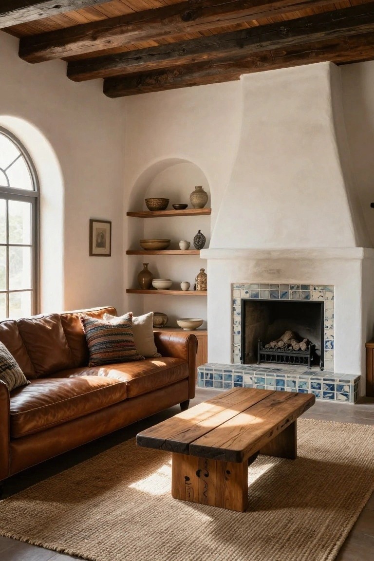 A cozy living room interior with exposed dark wooden ceiling beams, white adobe-style walls, brown leather sofa, rustic wooden coffee table on a seagrass rug, built-in shelves holding pottery, and a white fireplace with blue tiled surround.