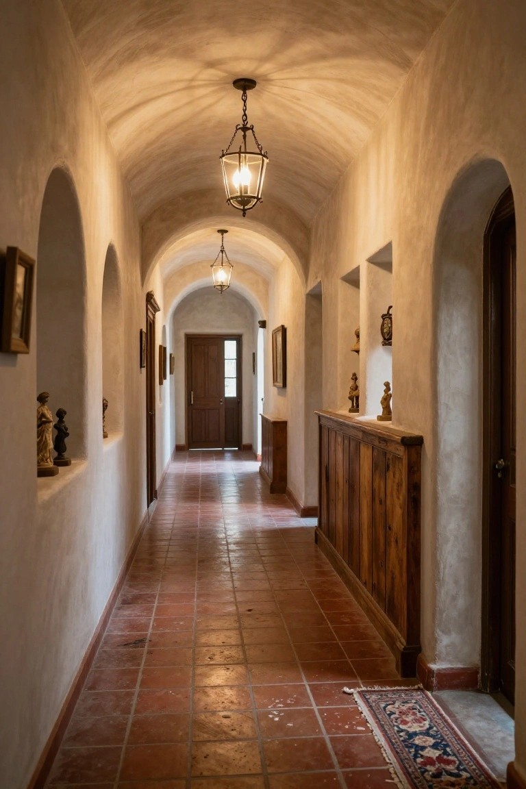 Long arched interior hallway with white plaster walls featuring niches holding small sculptures and framed art, terracotta tile floor, wooden pendant lanterns, and paneled wood accents along one side.