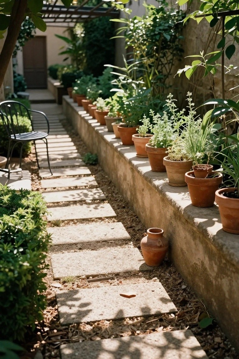 Narrow stone pathway flanked by boxwood hedges and a low stucco wall lined with terracotta pots containing herbs, with a black metal chair nearby and greenery overhead.