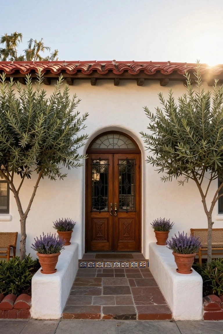 White stucco house facade with arched wooden double doors, flanked by two olive trees and terracotta pots of lavender on low walls, Spanish tile roof, stone pathway leading to entry.