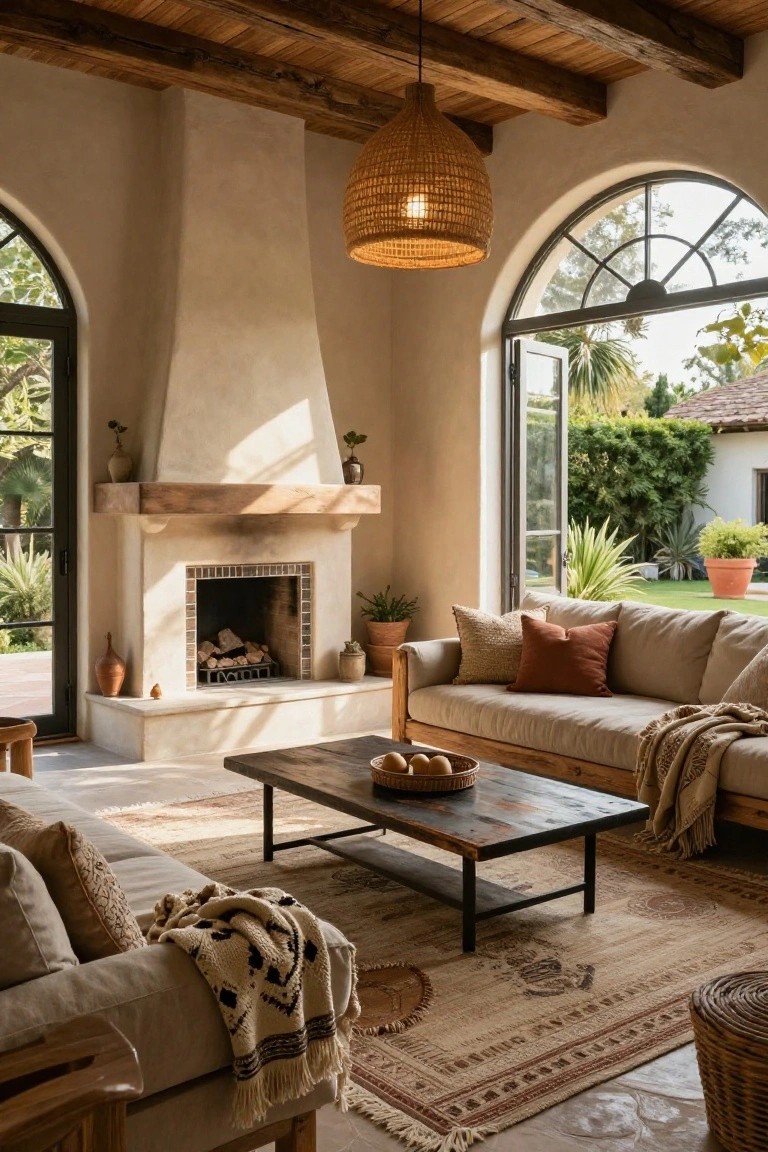 A light stucco living room with exposed wood beams, beige sofa, wood coffee table, and tile-surround fireplace, with large arched doors and windows open to a garden view.