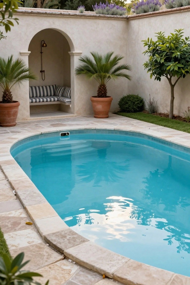 Oval turquoise pool edged in beige stone tiles in a white stucco courtyard with potted palms, an arched niche containing an outdoor shower and striped bench cushions, lavender plants, and citrus trees.