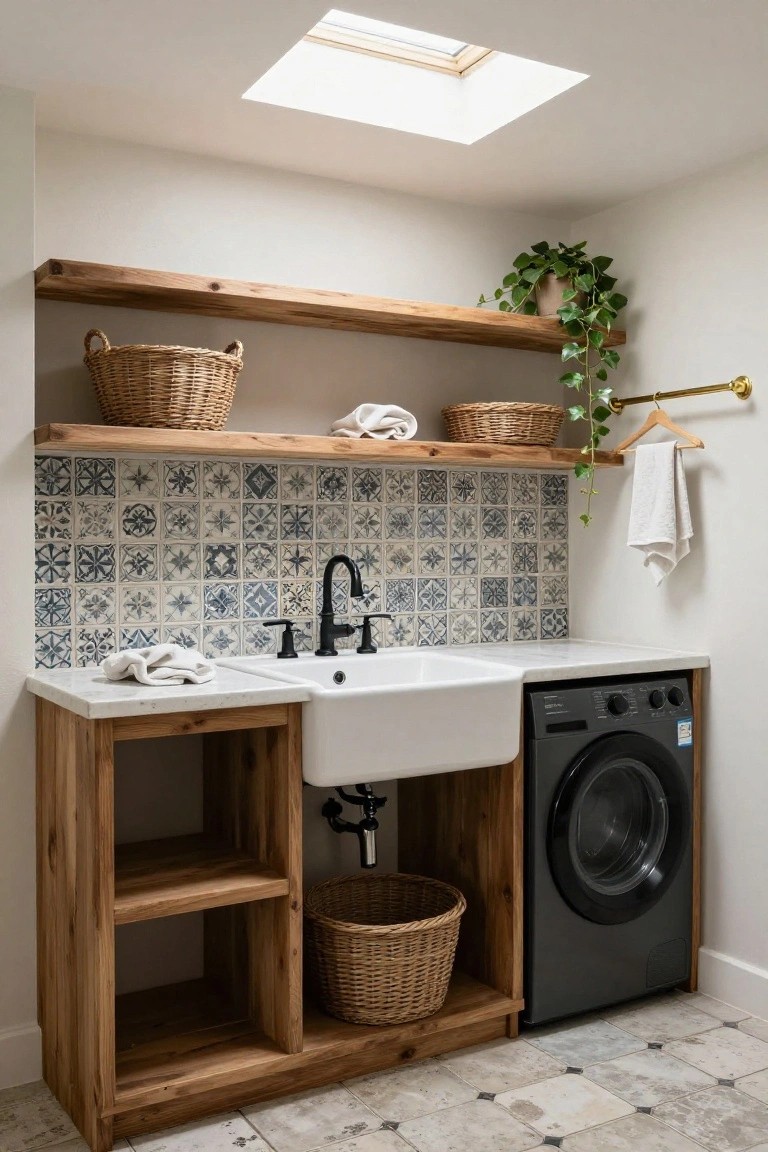 Close-up view of a laundry room with custom wooden cabinetry enclosing a white farmhouse sink and black front-load washer, open shelves holding wicker baskets, blue and white patterned tile backsplash, towels draped nearby, potted plant, and skylight overhead on white walls with light tile floor.