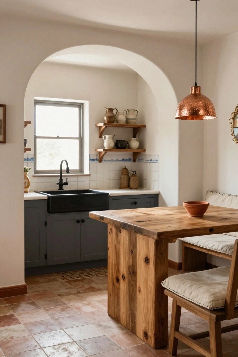 Kitchen interior featuring a large rectangular rustic wooden island table with benches, black farmhouse sink, gray cabinets, white arched doorway, wooden shelves with pottery, and terracotta tile floor.