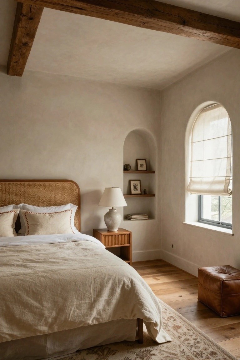 Corner of a bedroom with light beige textured plaster walls, exposed wooden ceiling beams, arched built-in niche shelves holding small ceramics and framed art, rattan headboard bed with white and cream linens, wooden nightstand and lamp, arched window with white roller shade, brown leather ottoman, wood flooring, and patterned rug.