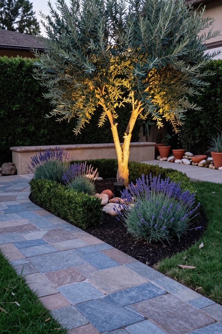 Uplighted olive tree in a landscaped garden bed edged with boxwood hedges and lavender plants beside a curving flagstone pathway, with terracotta pots and rocks nearby.