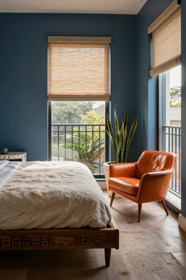 Mid-century modern bedroom with navy blue walls, low wooden bed frame with white bedding, orange leather armchair beside a potted snake plant, bamboo shades on two windows, and balcony view with tropical plants.