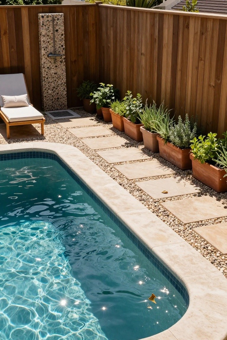 Turquoise-tiled oval pool with travertine coping lined by terracotta pots of herbs and plants, adjacent pebble ground with stone pavers, wooden chaise lounge, outdoor shower pillar, and wooden fence enclosure.