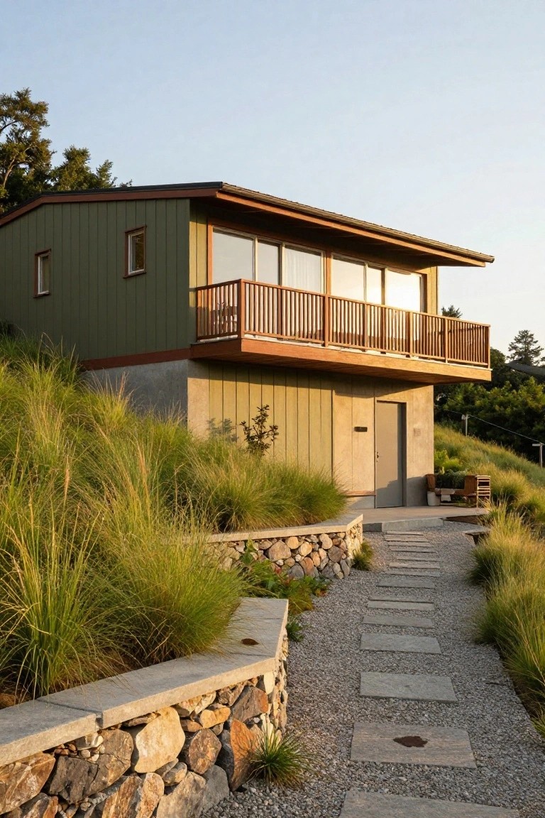 A two-story mid-century modern house on a hillside with sage green vertical siding, warm wood balcony and trim, large glass windows, concrete base, stone retaining wall, gravel path with stone steps, and tall ornamental grasses.