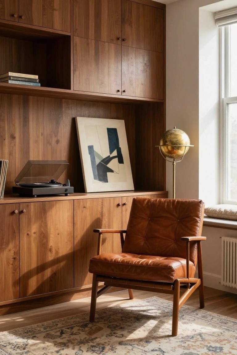 Interior room featuring extensive walnut wood built-in cabinets with open shelves displaying books, records, and a turntable, a tan leather armchair, abstract painting, gold globe lamp, and window with blinds.