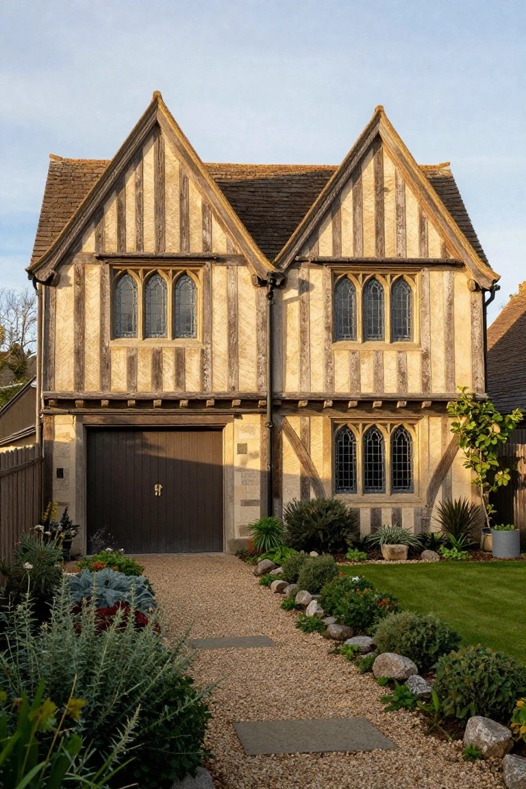 Front view of a two-story Tudor house with half-timbered walls, two gabled roofs, arched leaded glass windows on each side, a central dark garage door, and a gravel pathway edged with plants and rocks.