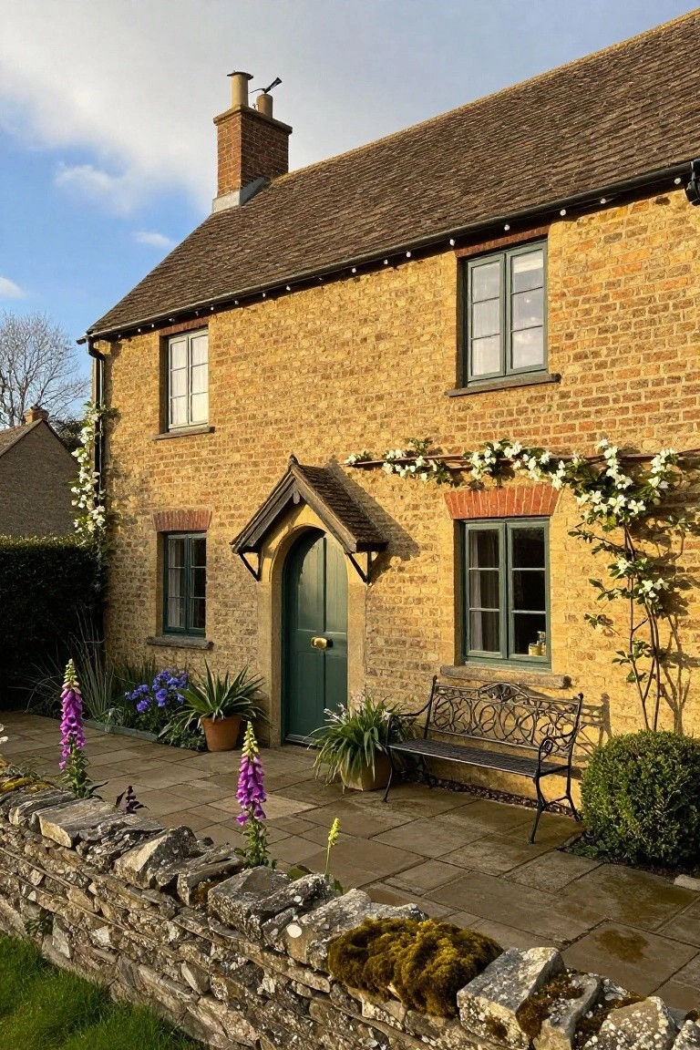 Yellow brick two-story cottage exterior with arched green front door under wooden porch hood, climbing white flowers on walls, potted foxgloves and agapanthus, black iron bench on stone path, and mossy stone wall.
