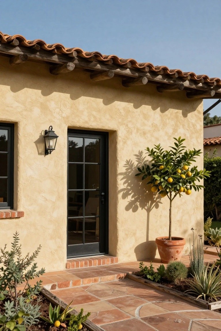 Beige stucco wall of a house with exposed wood beams under red tile roof, black-framed glass entry door lit by wall lantern, potted lemon tree casting shadow, and low desert plants along terracotta paver steps.