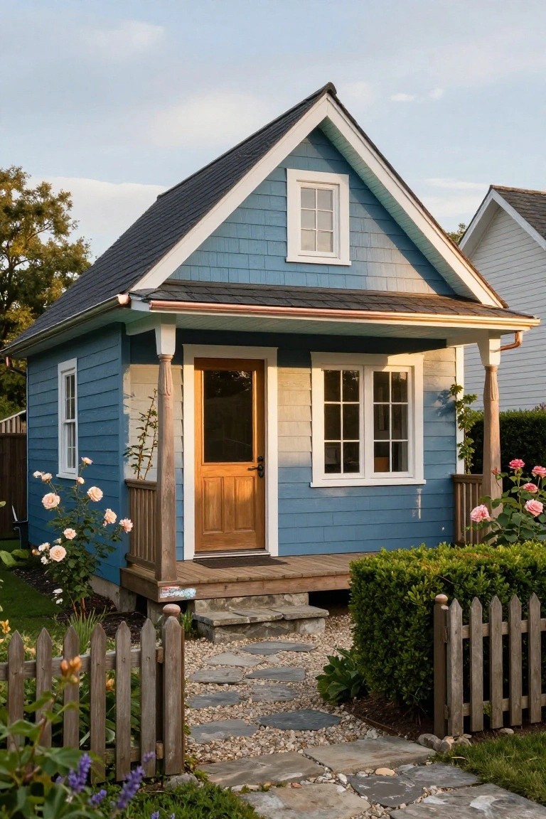Small blue clapboard cottage with dark gabled roof, white trim, covered front porch featuring turned posts and wooden door, picket fence, stone path, and garden plantings.