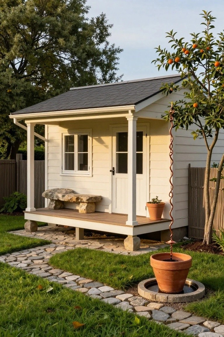 Small white wooden cottage with covered porch, featuring a bench made from a large natural boulder, copper downspout, pebble stone path leading to it, orange tree, potted plants, and grassy yard.