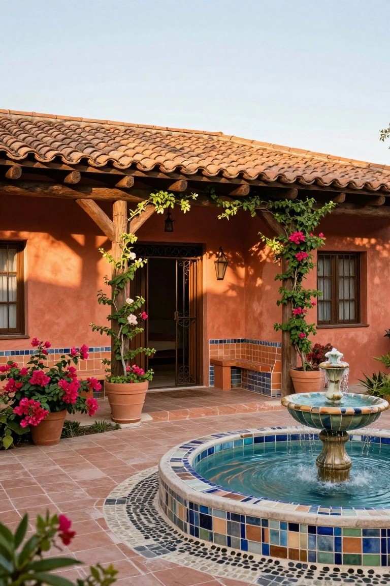 Terracotta-roofed adobe-style house exterior featuring a central colorful mosaic-tiled fountain in a tiled courtyard, with potted bougainvillea plants, climbing vines on wooden beams framing the entry door, and a built-in bench.