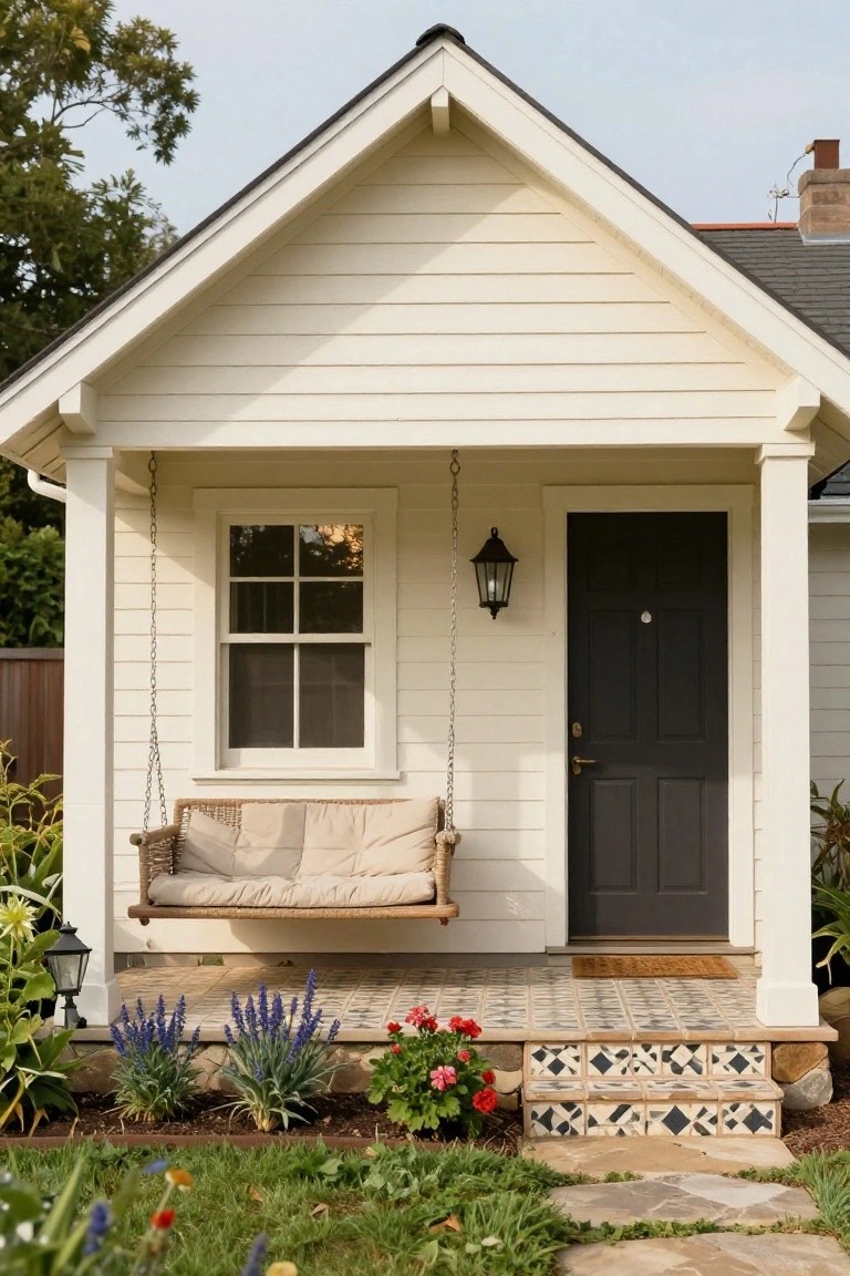 White clapboard cottage with gabled roof and deep covered porch, featuring a hanging wicker swing with beige cushions, black front door, lantern light, tiled porch floor, lavender plants, and surrounding garden beds.