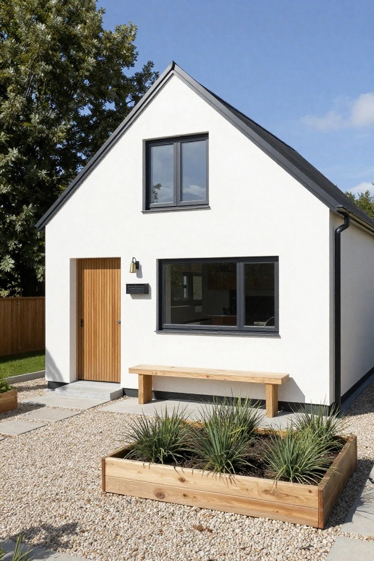 A small white gabled cottage with dark gray roof, black-framed windows, vertical slatted wooden front door, brass wall light, wooden bench, and raised wooden planter box with grasses on a gravel path beside a lawn and fence.