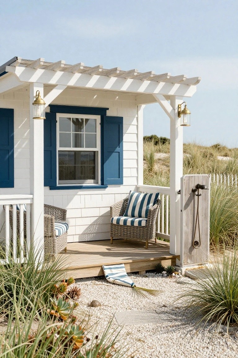 White shingle-sided beach cottage with navy blue shutters and trim, covered front porch holding two wicker chairs with striped cushions, gold lanterns, and dune grasses nearby.
