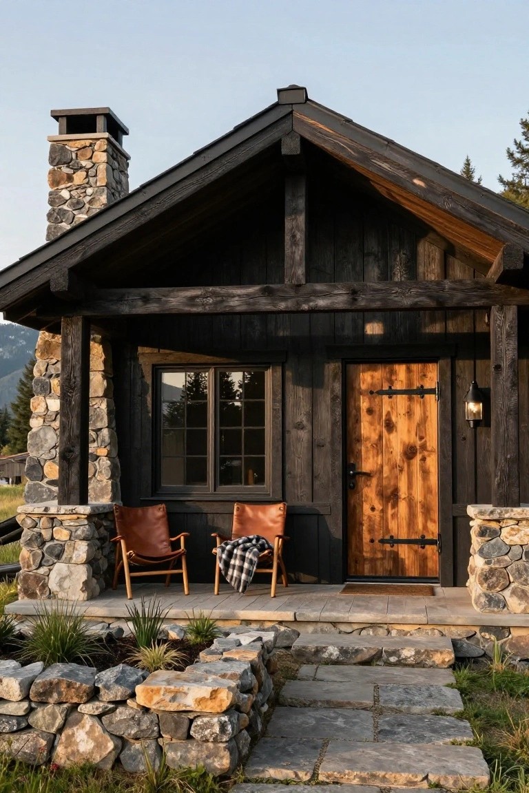 Small gabled cabin with dark wood siding, exposed timber framing, stone chimney and pillars supporting a covered porch with two leather chairs, wooden door, and stone pathway in a mountainous setting.