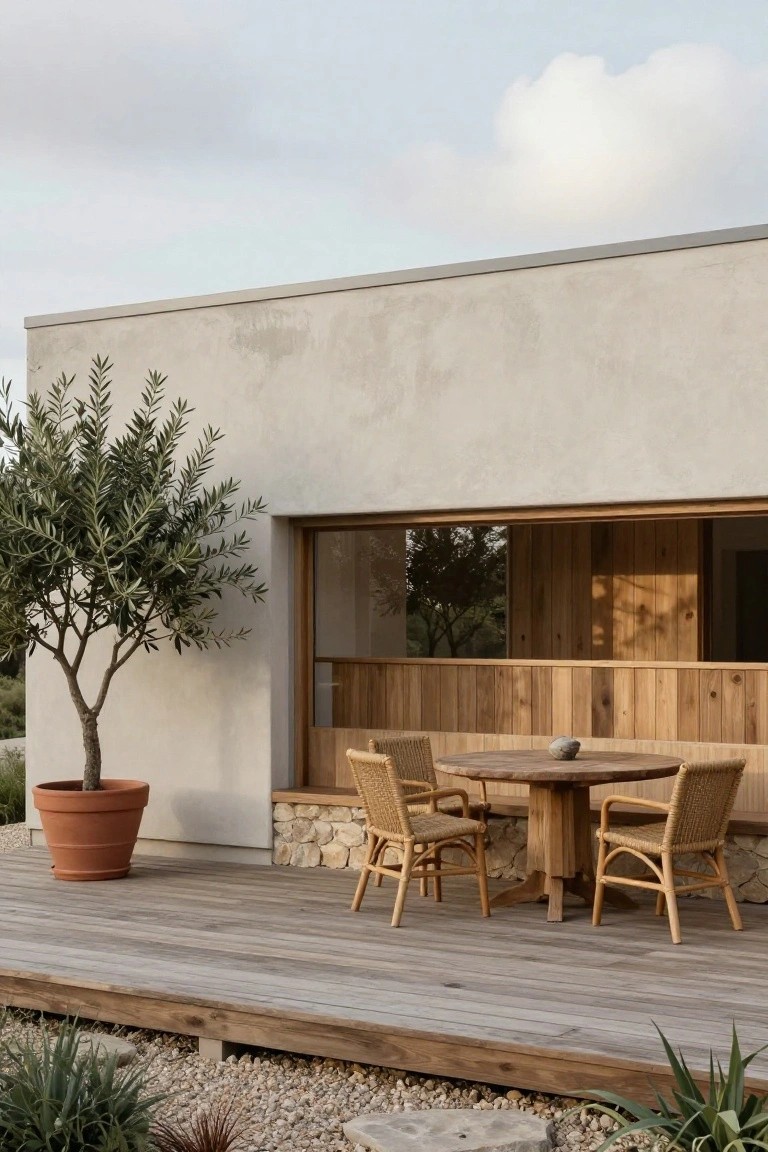 Beige stucco house wall with large wooden-framed window, wooden deck holding round wooden table, four wicker chairs, potted olive tree, gravel ground cover, and agave plants.