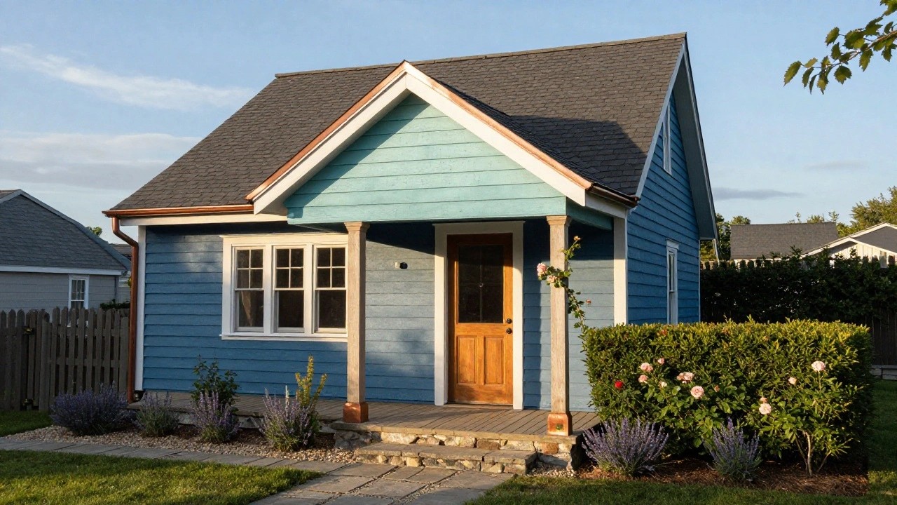 Small blue clapboard cottage with dark gabled roof, white trim, covered front porch featuring turned posts and wooden door, picket fence, stone path, and garden plantings.