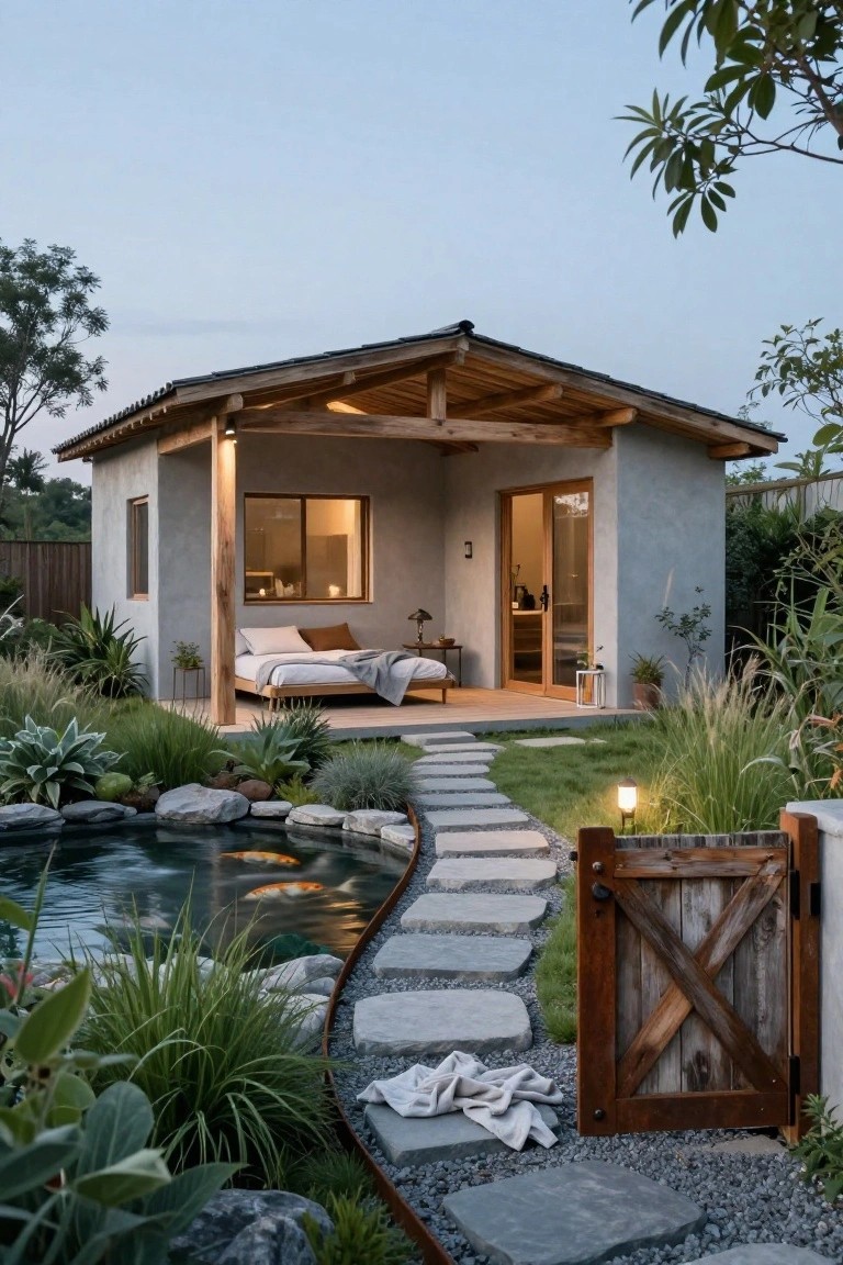 Stone stepping path curving around a koi pond with orange fish, rocks, and green plants, leading to the open porch of a small wooden cottage with a bed, surrounded by lush garden and trees at dusk.