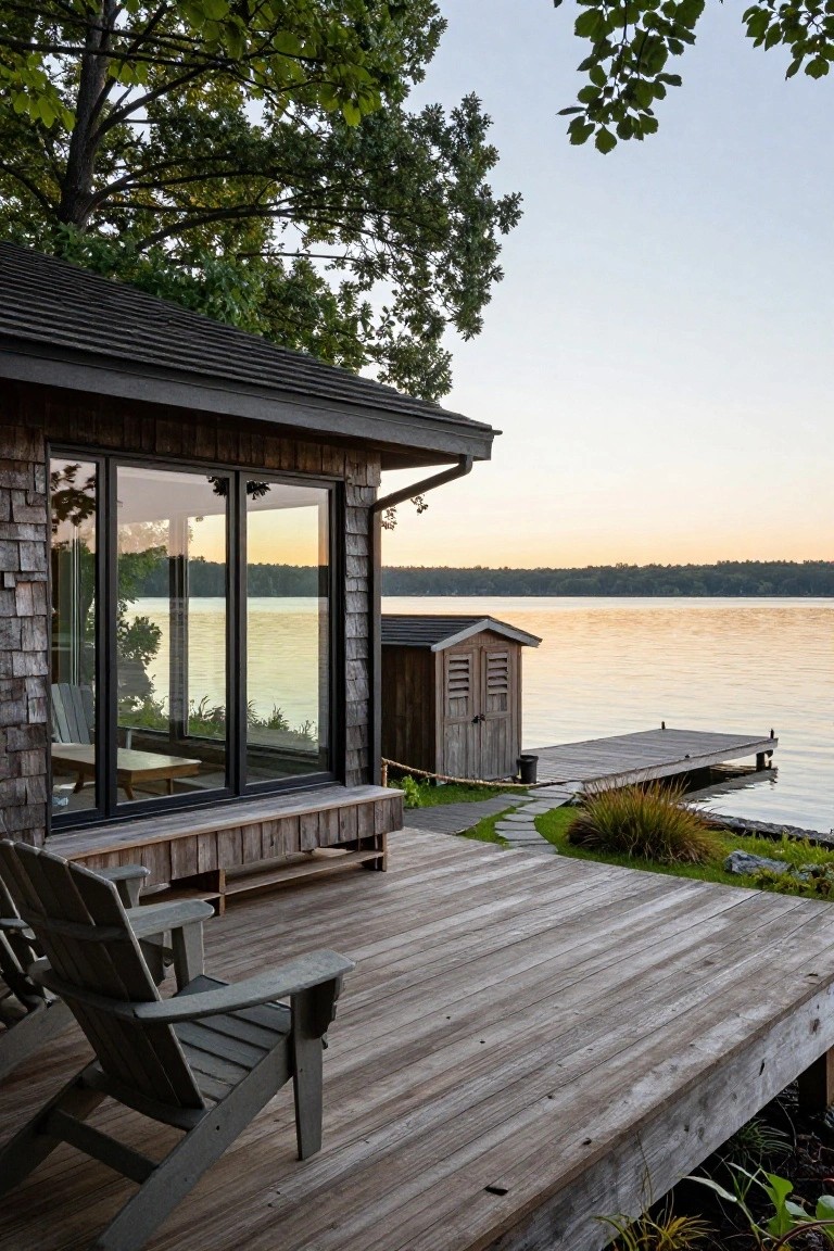 Shingled cottage corner with large glass doors opening to a wooden deck holding two gray Adirondack chairs and a bench, adjacent to a lake, dock, and small shed.