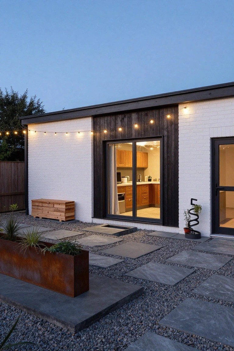 Exterior view of a small modern house at dusk with white brick walls, black vertical timber cladding around large sliding glass doors to a visible kitchen, adjacent patio of large pavers and gravel with corten steel planters, wooden storage bench, string lights, and sparse plants.