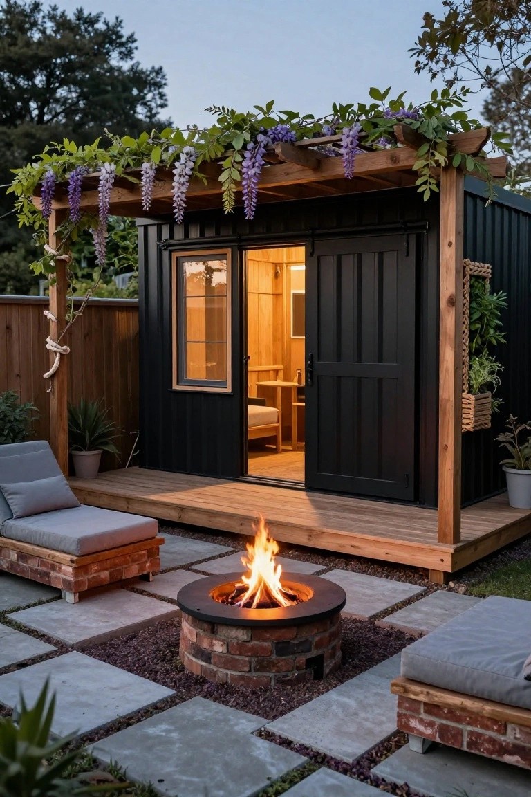 Black shipping container style cabin with wooden pergola overhead draped in purple wisteria vines, open sliding barn door revealing warm wooden interior with bed and furniture, wooden deck platform, adjacent concrete paver patio with central brick-ringed fire pit and two gray lounge chairs, surrounded by plants and gravel.