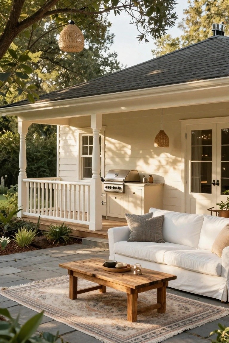Back view of a light beige house with white porch columns and French doors opening to a stone patio that holds a white outdoor sofa with gray pillows, wooden coffee table with cups and candles, patterned rug, nearby white grill cabinet, plants, and hanging lanterns from trees.