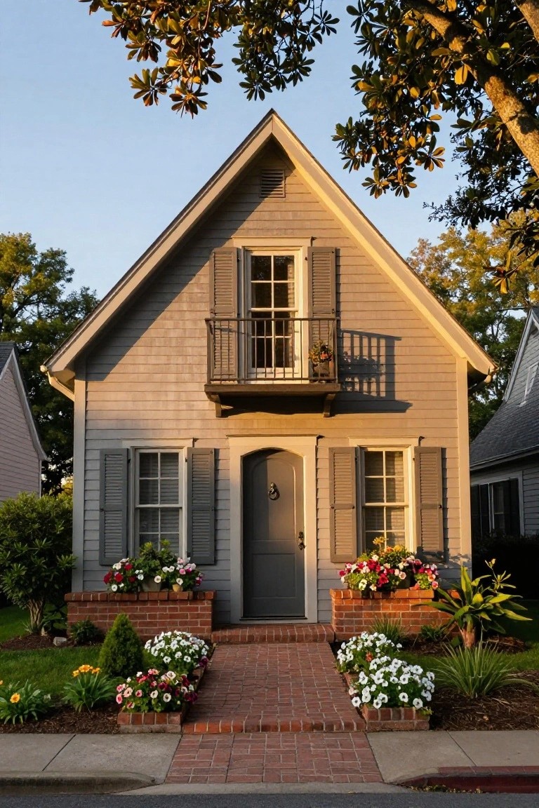 Gray shingle-sided cottage with gabled roof and small black-railed balcony above the dark front door, flanked by shuttered windows, brick walkway, and flower planters.