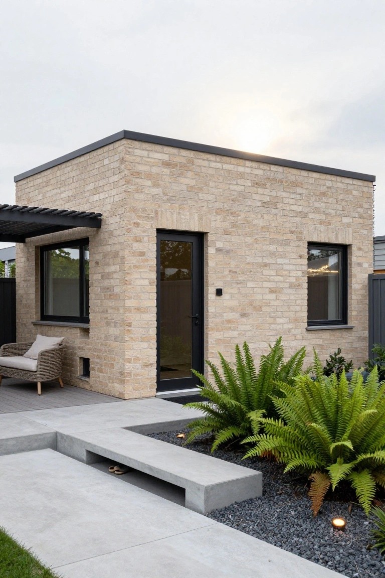 Compact single-story brick cottage with flat roof, black-framed windows and door under a pergola, concrete patio steps, rattan chair with cushion, ferns, gravel, and ground lights in the front yard.