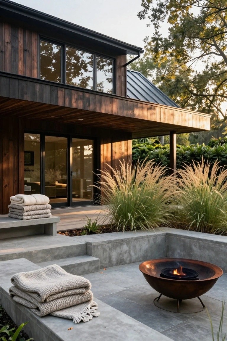 Exterior view of a modern black-trimmed wooden house with large sliding glass doors opening to a concrete patio and steps; a copper fire pit burns in the center of the patio, with folded blankets on the steps and bench, pampas grass nearby, and trees in the background at dusk.