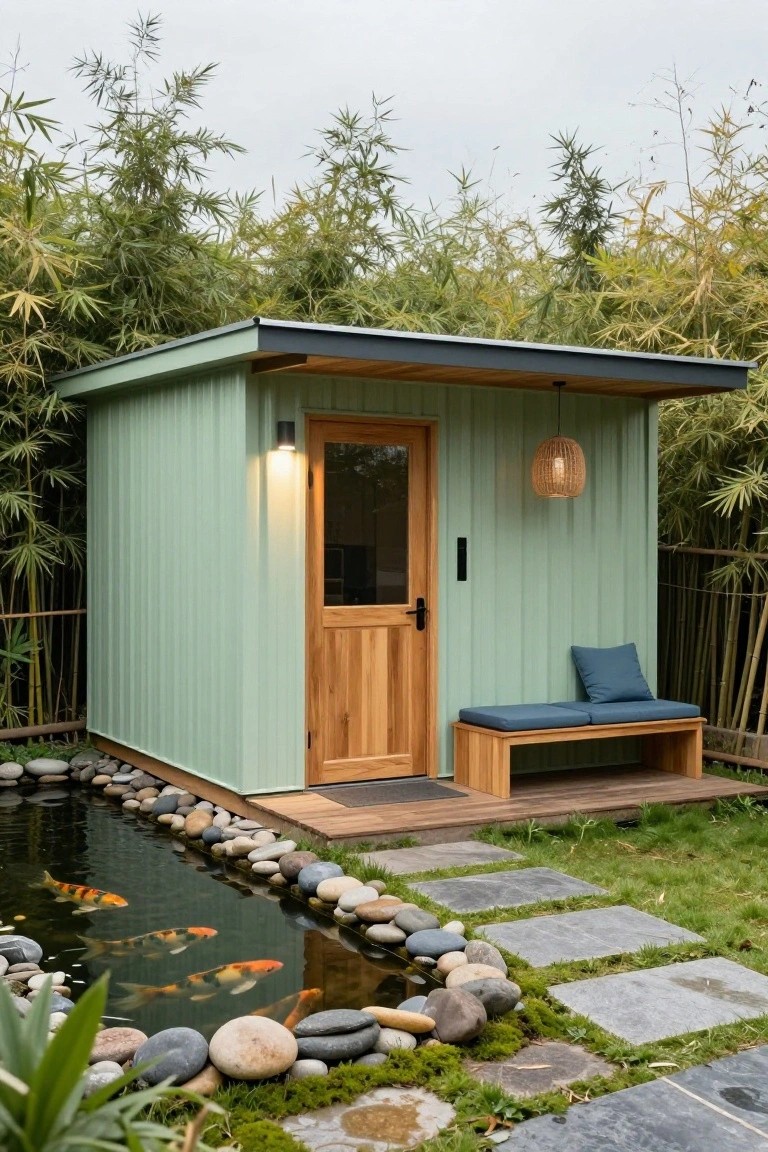Small mint-green paneled shed with wooden double doors, exterior light, hanging lantern, teak bench, surrounded by tall bamboo and a curved koi pond lined with rocks and moss.