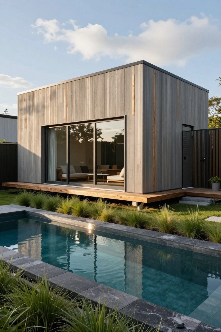 Modern boxy prefab cottage with vertical gray cedar board cladding, black metal accents, large sliding glass doors opening to an elevated wooden deck next to a rectangular pool edged in dark stone and surrounded by tall grasses.
