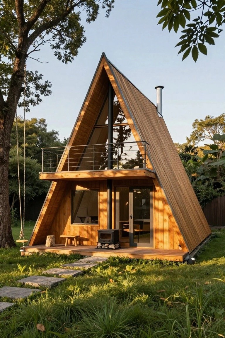 A wooden A-frame cabin with a second-floor balcony, glass windows, and chimney, set amid trees and grass with a stone path leading to the deck.