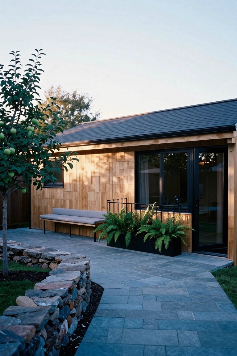 Exterior of a small cedar-clad cottage with horizontal wood planks, a built-in bench, large black-framed sliding doors and windows, potted ferns, an apple tree, and a curved stone wall along a paved pathway.