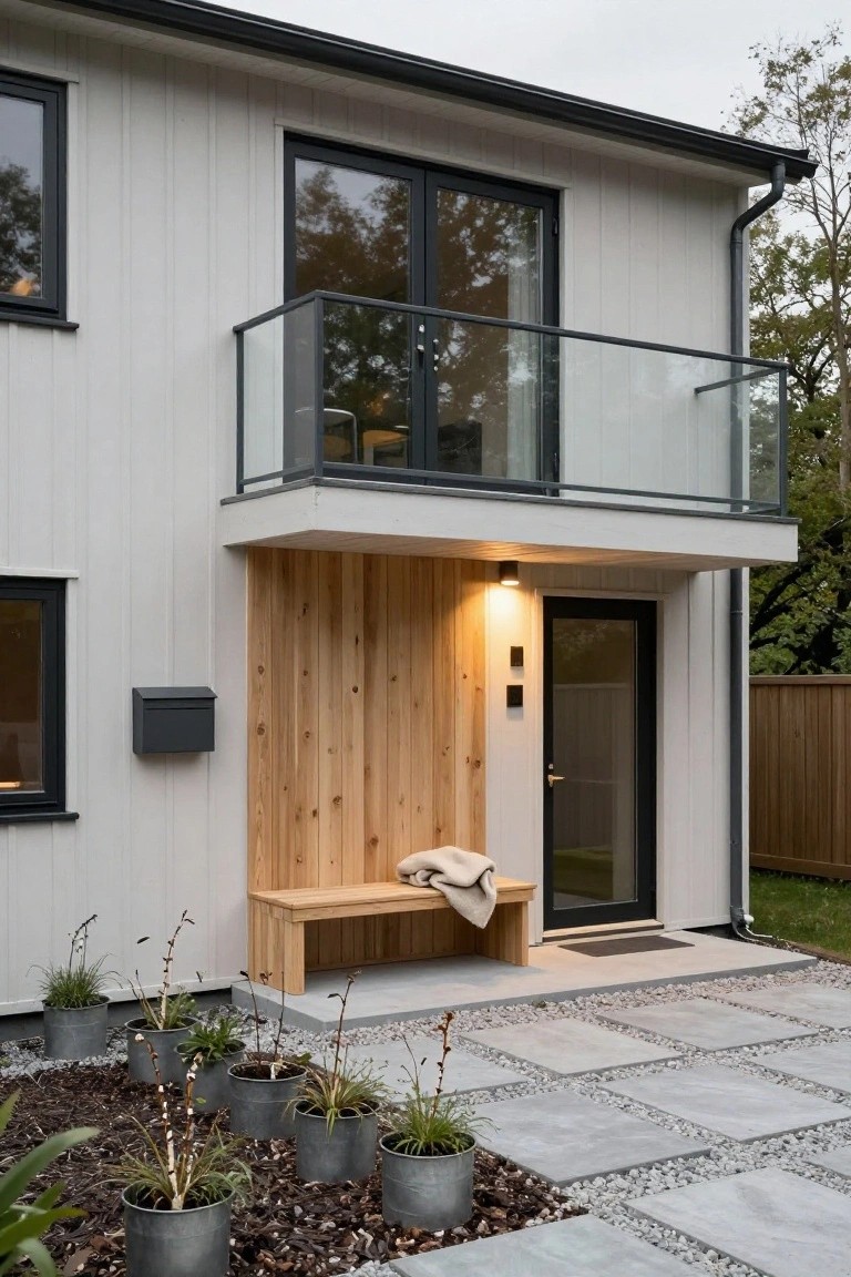 Side exterior of a modern white house with vertical wood panels at the entry, wooden bench with blanket, black door and light fixture, glass balcony above, potted plants in metal buckets on gravel patio, and black-framed windows.