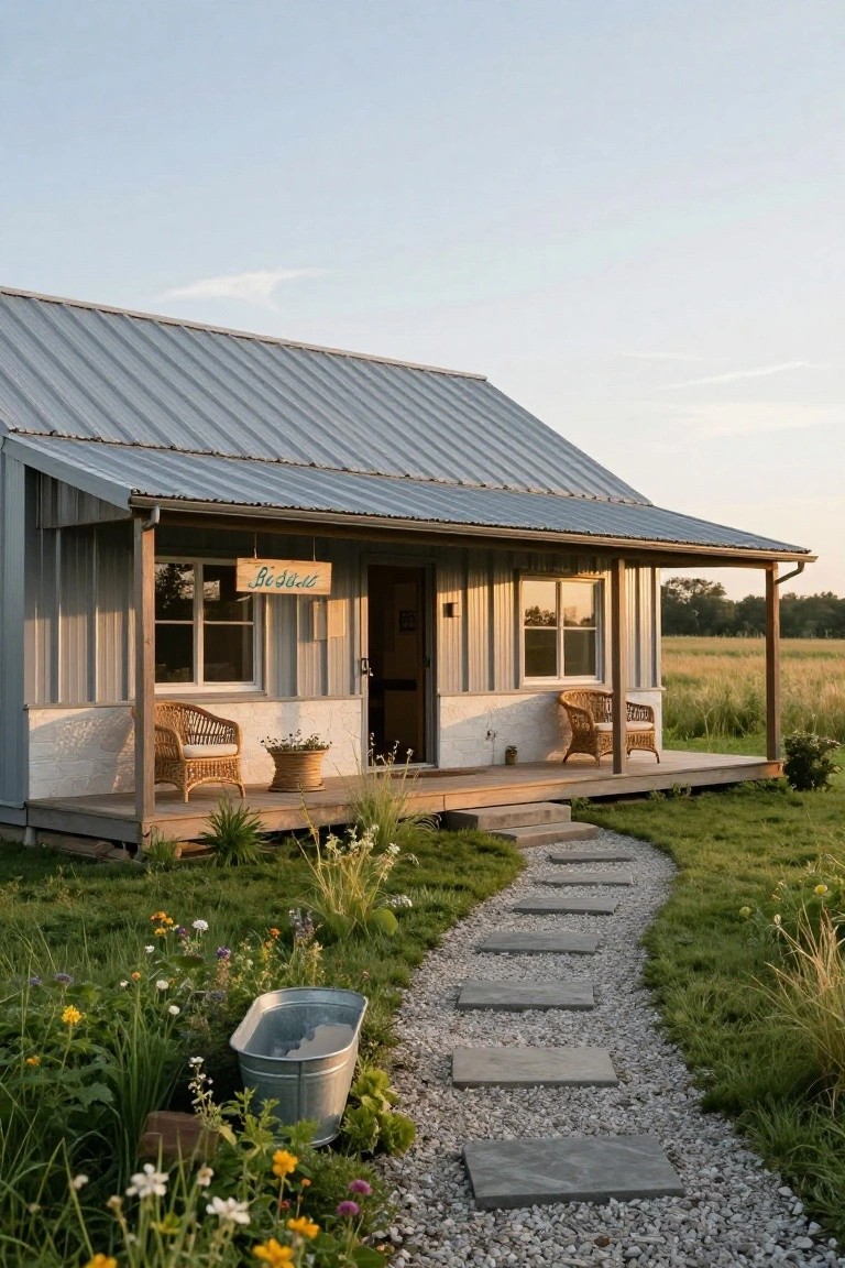Gray metal-sided cabin with corrugated roof, wooden porch featuring two wicker chairs and potted plants, teal "BeSwell" sign hanging near the door, stone path leading through grassy yard with flowers and a metal tub planter.
