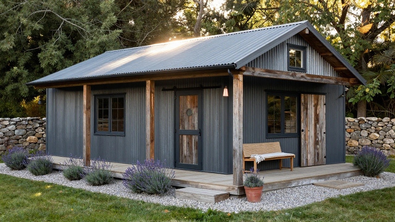 Small dark gray corrugated metal cabin with wooden porch supported by timber posts, open wooden door, copper lanterns, bench with blanket, potted lavender plants, and stone wall in garden with trees and gravel.