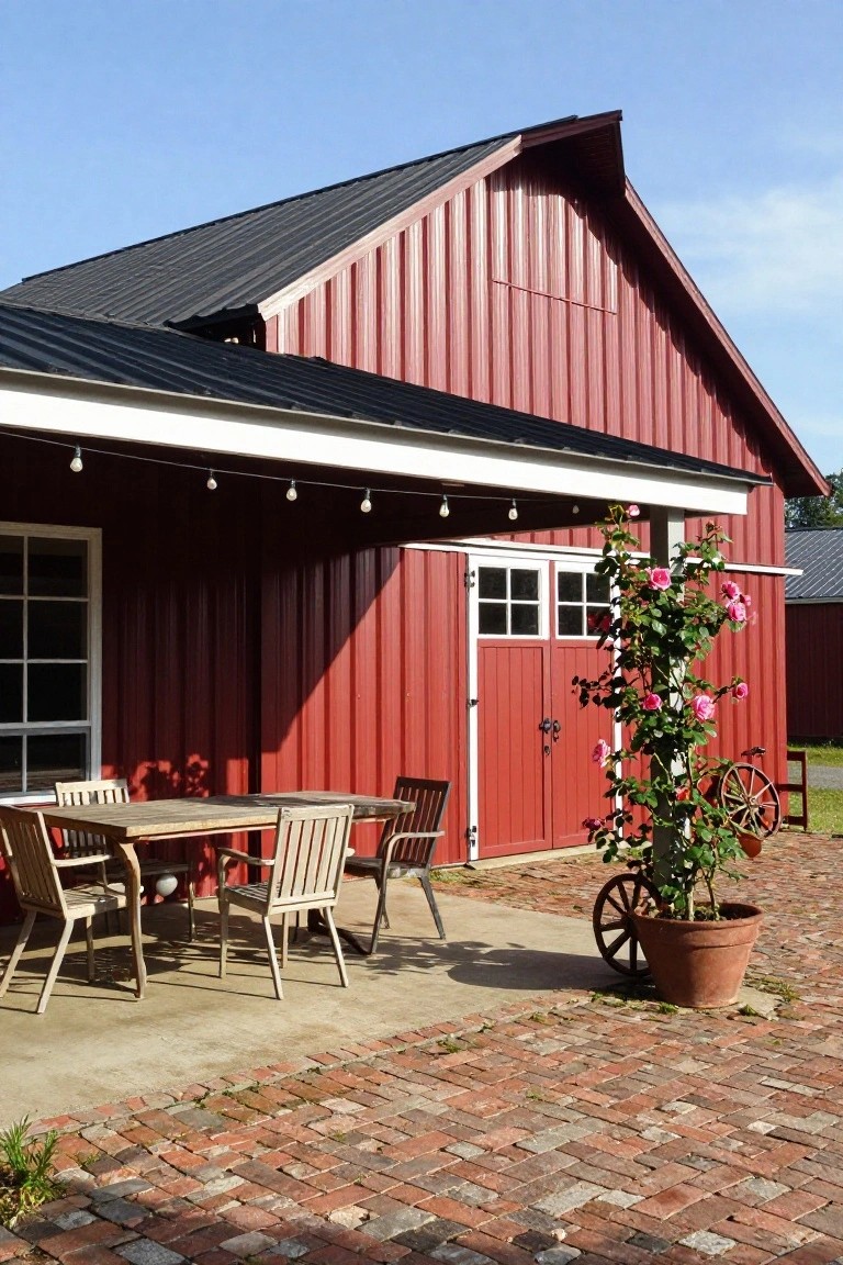 Red vertical-paneled metal barn building with black metal roof, covered porch strung with lights, wooden dining table and four chairs, double white-framed doors, tall climbing pink roses on the wall beside a large terracotta pot with wagon wheel, on brick paver patio.