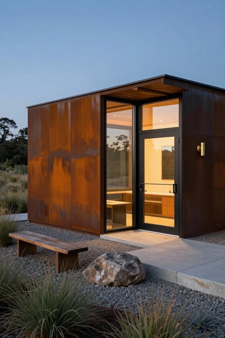Small rectangular building with rusted corten steel walls, large frameless glass entry door and windows, wood overhang above door, wooden bench and boulder on gravel path with native grasses in foreground at dusk.